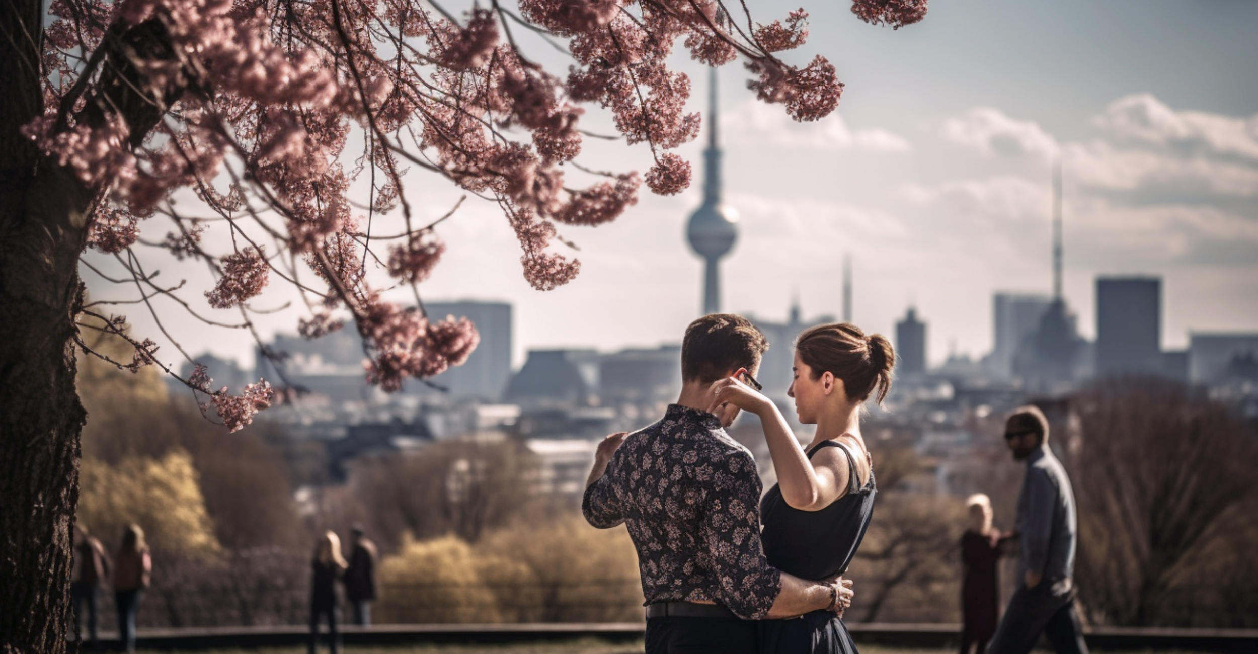 Tanzendes Paar der Tanzsuite vor Berliner Sommer Skyline