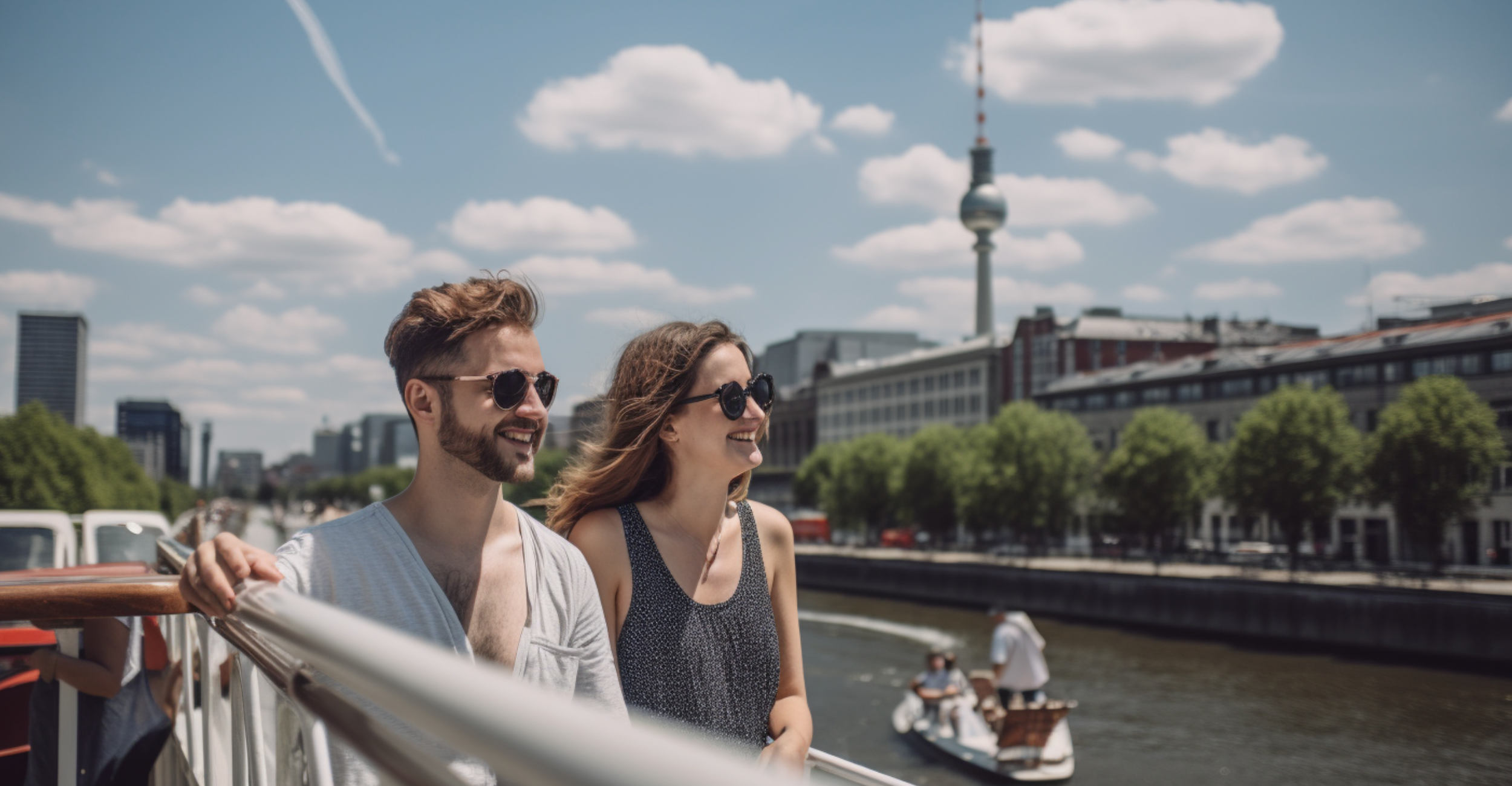 Paar auf DanceBoat von der TanzSuite vor Berliner Skyline